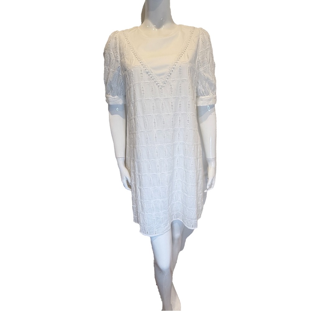 Weiyang Eyelet Cotton Dress White Puff Sleeve Knee Length Size Large